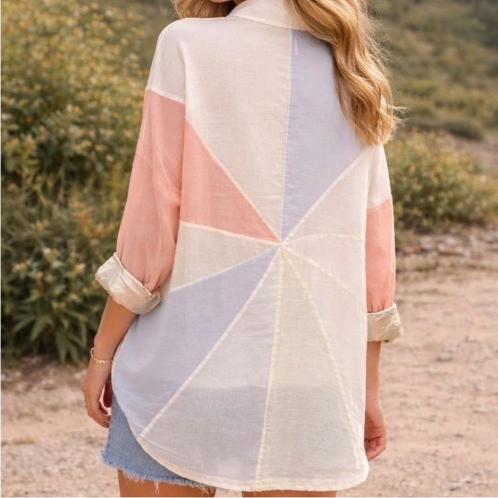 Free People Rainbow Rays Patchwork Button Up Shir… - image 2